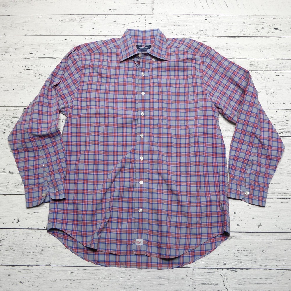 Vineyard Vines Shirt Mens Large Blue Orange Plaid Classic Fit Murray Performance